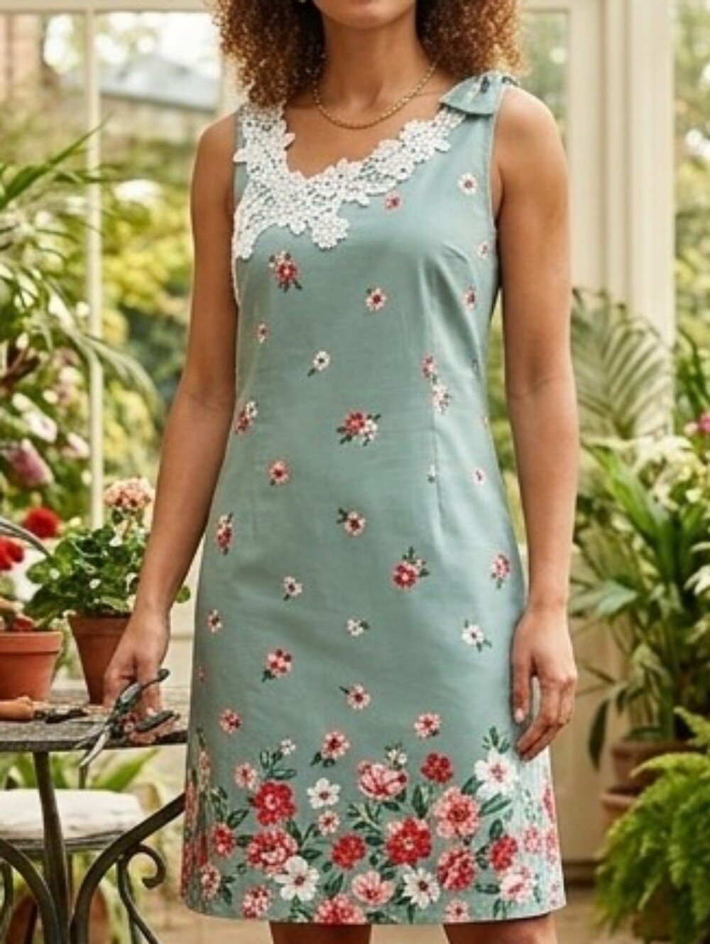 SHEIN Curve Sage Green Floral Sleeveless Dress Lace Neckline Bow Detail 1XL
